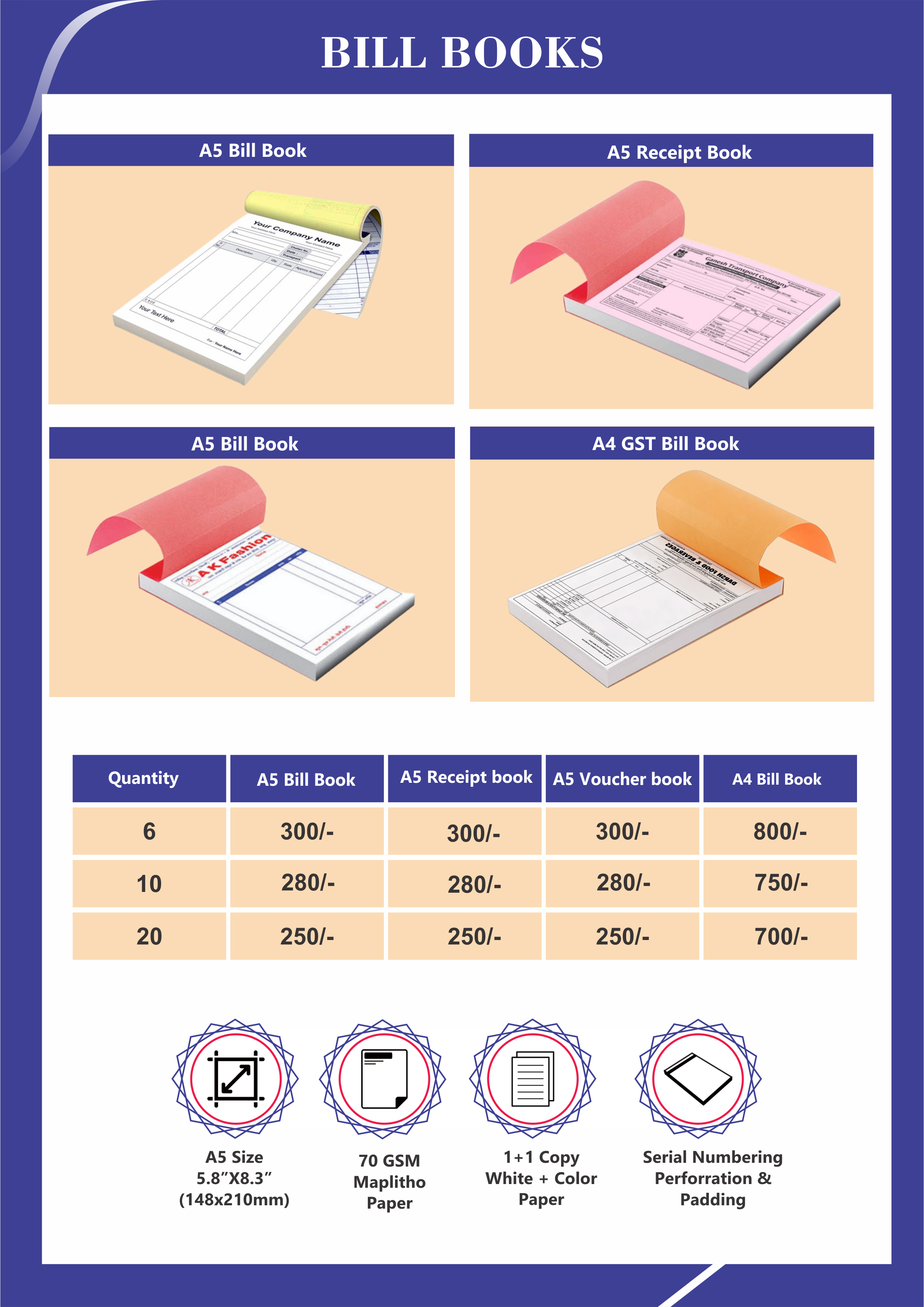 Bill Books pricing sheet