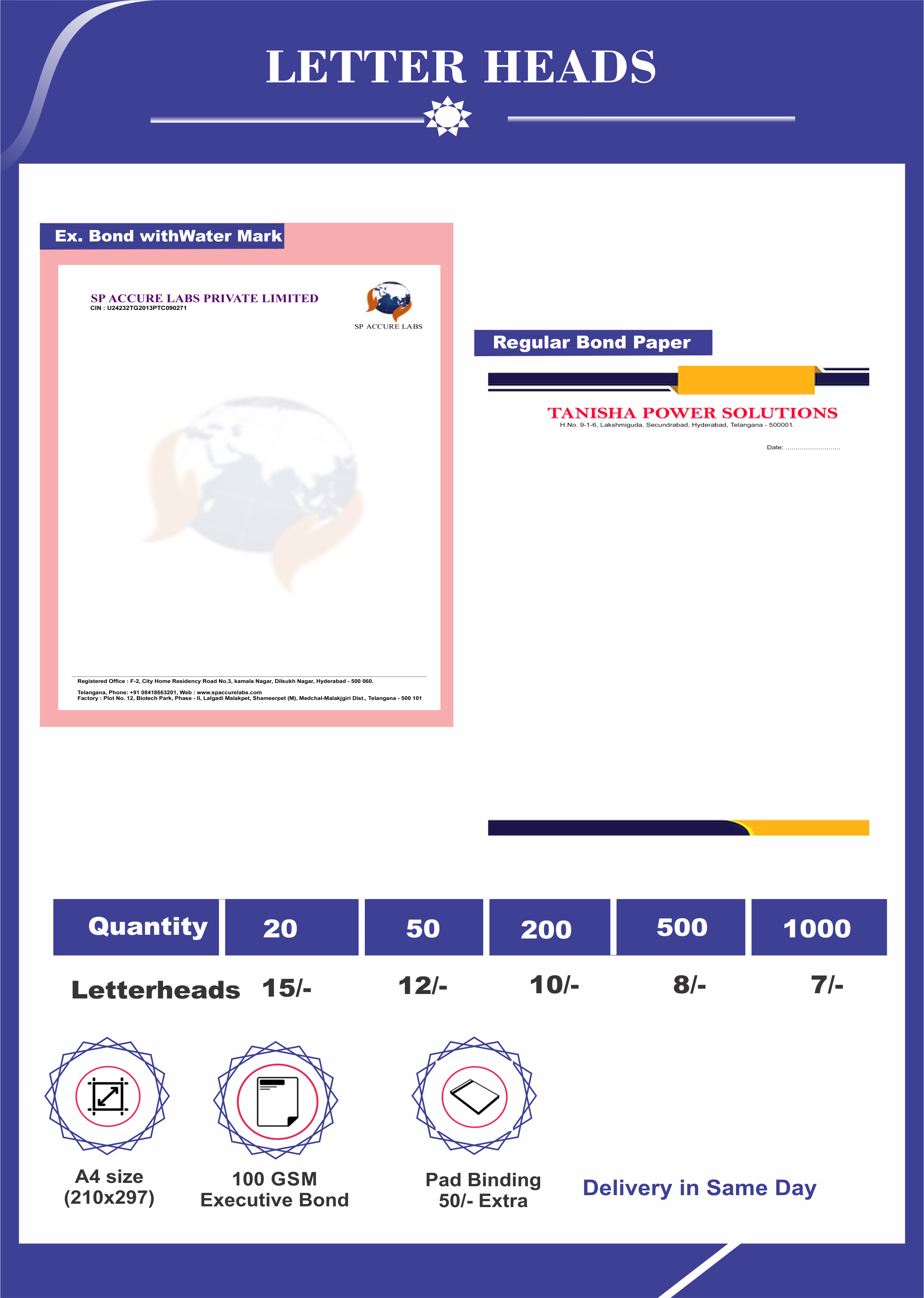Letter Heads pricing sheet