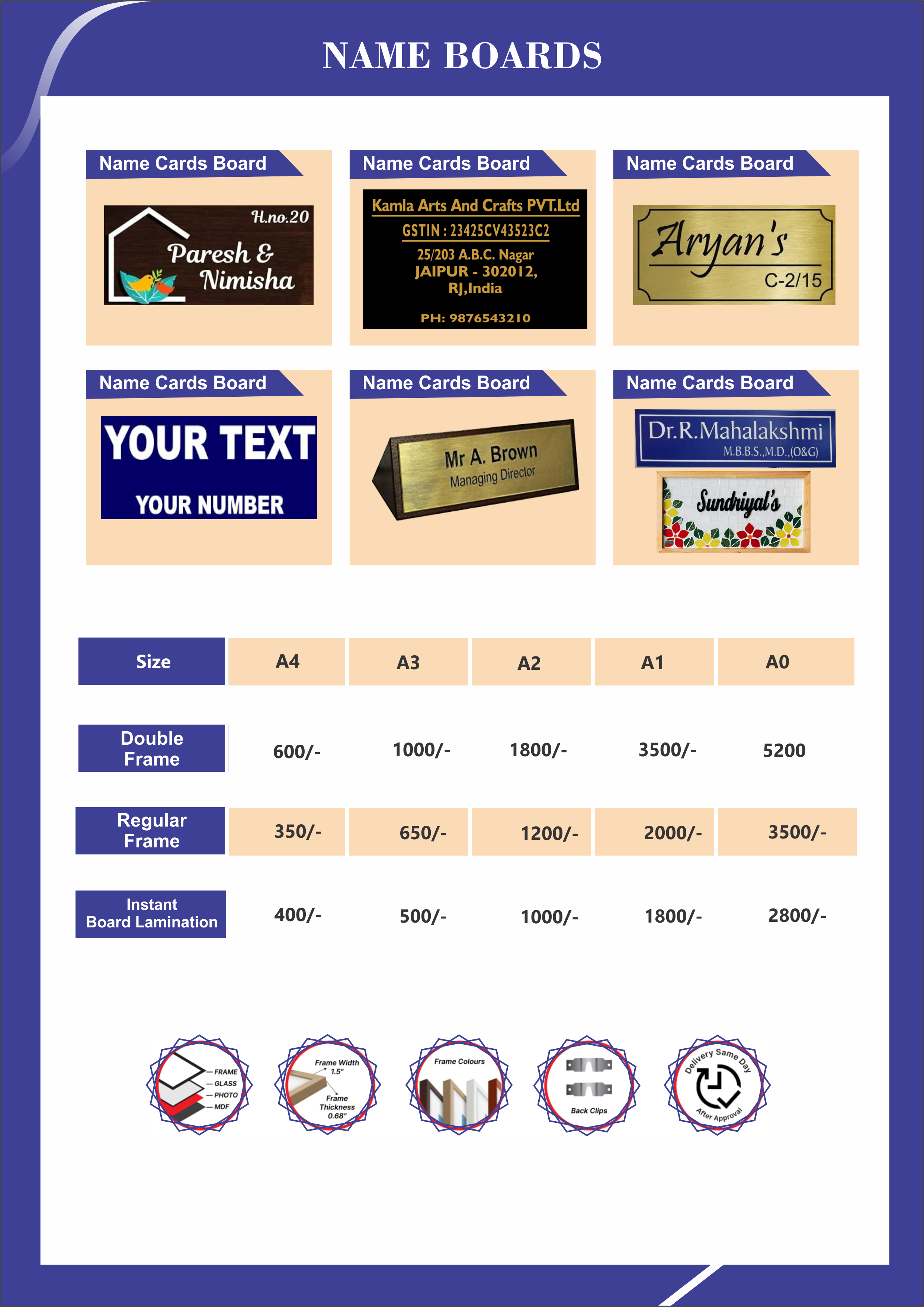 Name Boards pricing sheet